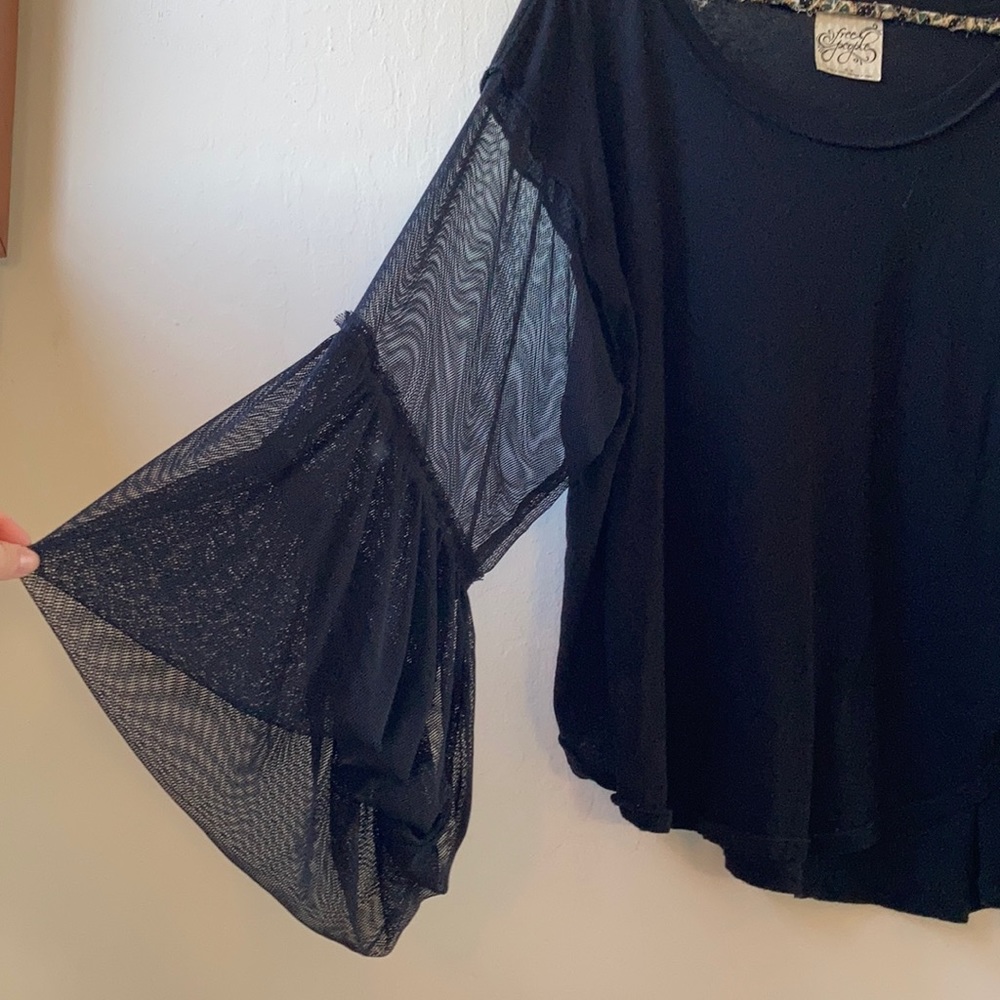 Free People Black Mesh Bell-Sleeve Top